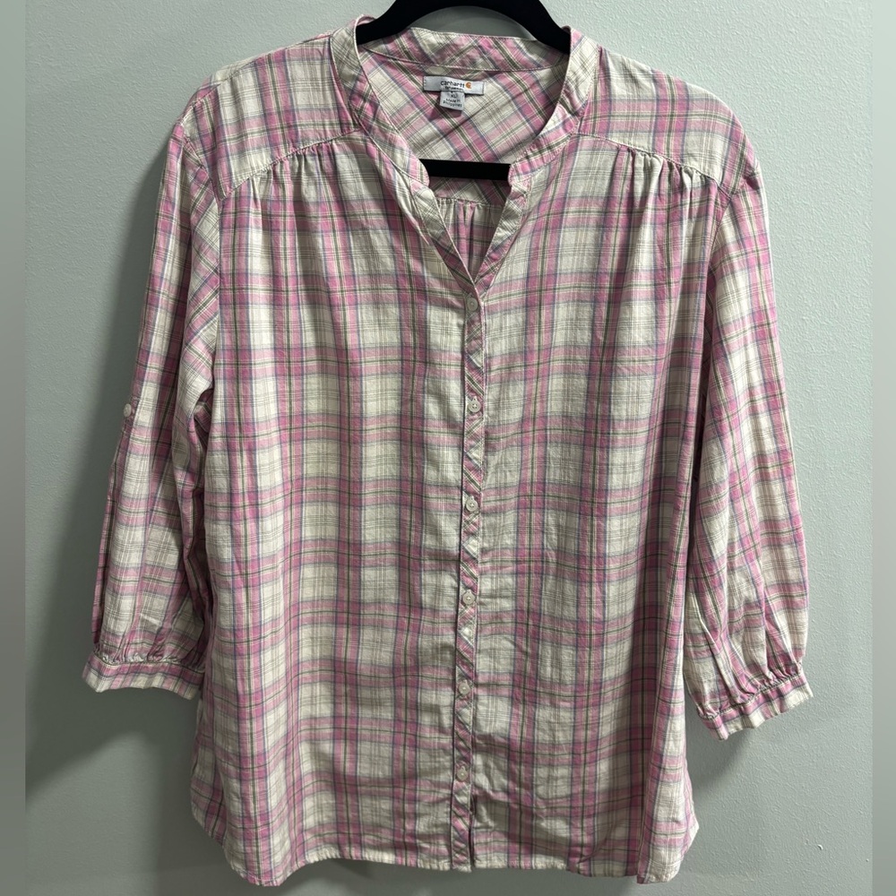 Carhartt Pink and White Plaid Button-Down Shirt